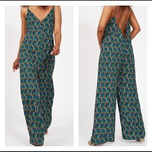 Silk & Salt Dangerously In Love Peacock Pattern Wide Leg Jumpsuit Blue Teal L
